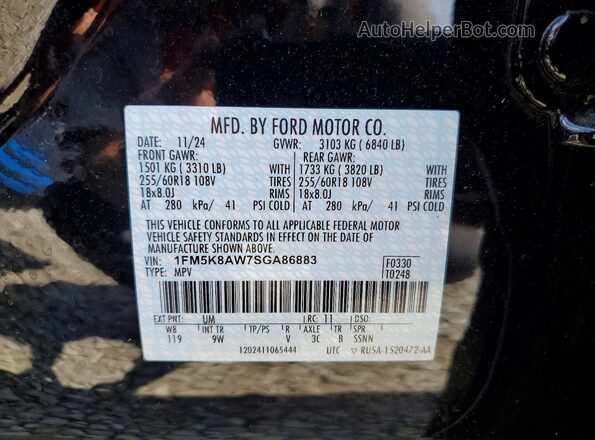 1FM5K8AW7SGA86883 2025 FORD EXPLORER Black VIN კოდის სტიკერის ხედი