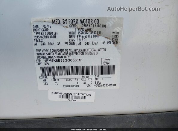 1FM5K8B83GGC63016 2016 FORD EXPLORER Белый Вид подкапотного пространства