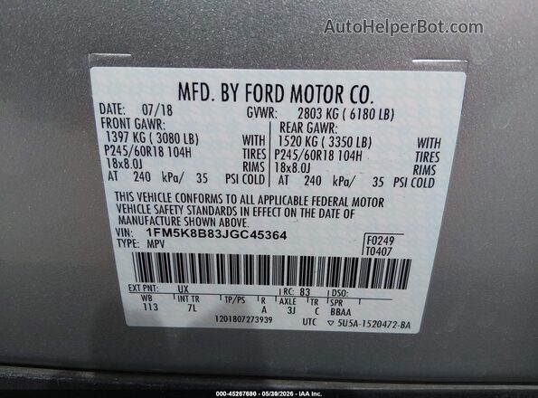 1FM5K8B83JGC45364 2018 FORD EXPLORER Silver Engine compartment view