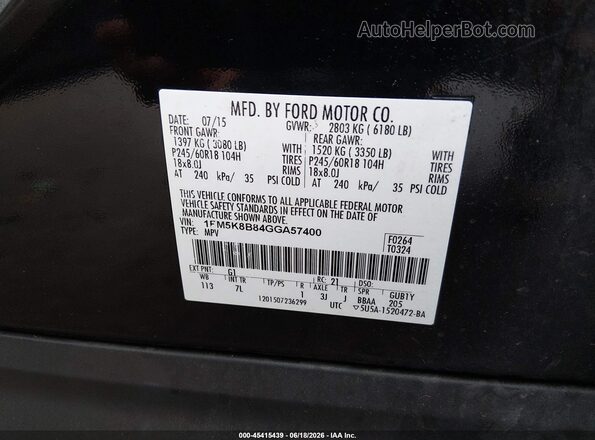 1FM5K8B84GGA57400 2016 FORD EXPLORER Black ძრავის განყოფილების ხედი