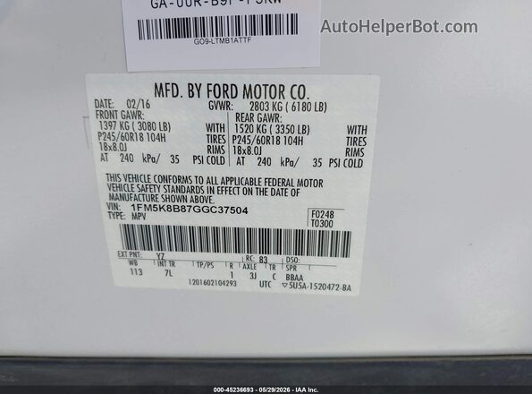 1FM5K8B87GGC37504 2016 FORD EXPLORER Белый 