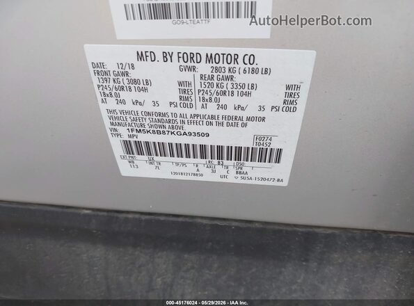 1FM5K8B87KGA93509 2019 FORD EXPLORER Silver 
