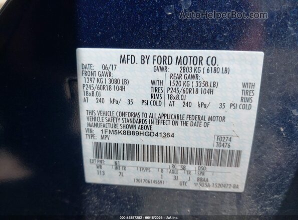 1FM5K8B89HGD41364 2017 FORD EXPLORER Blue Vista del compartimento del motor