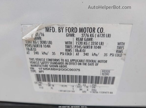 1FM5K8BH2GGC00375 2016 FORD EXPLORER White Շարժիչի բաժամունքի տեսք