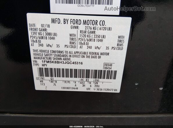 1FM5K8BH3JGC45316 2018 FORD EXPLORER  Вид подкапотного пространства