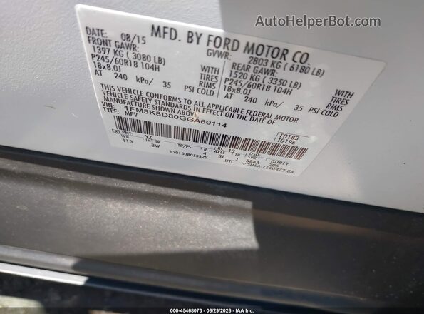 1FM5K8D80GGA60114 2016 FORD EXPLORER White Вид підкапотного простору