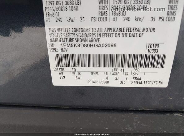 1FM5K8D80HGA02098 2017 FORD EXPLORER Black Вид підкапотного простору