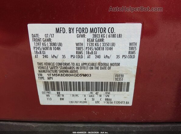 1FM5K8D80HGD51603 2017 FORD EXPLORER Red Շարժիչի բաժամունքի տեսք