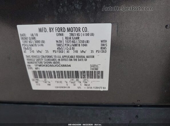 1FM5K8D80JGC68694 2018 FORD EXPLORER Gray Engine compartment view