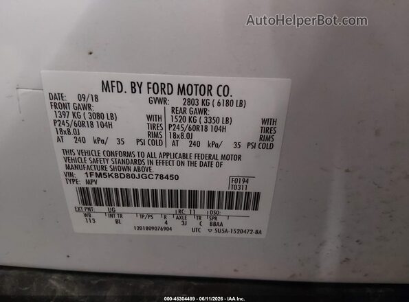 1FM5K8D80JGC78450 2018 FORD EXPLORER White Engine compartment view