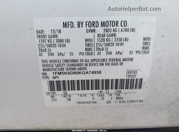 1FM5K8D80KGA74958 2019 FORD EXPLORER Белый Вид подкапотного пространства
