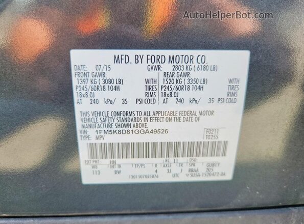 1FM5K8D81GGA49526 2016 FORD EXPLORER Green Vista interior de 360 grados