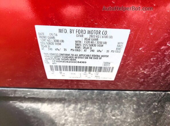 1FM5K8D82GGC84369 2016 FORD EXPLORER Red Widok naklejki z numerem VIN
