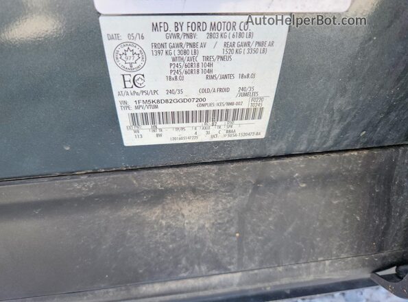 1FM5K8D82GGD07200 2016 FORD EXPLORER Gray Widok naklejki z numerem VIN