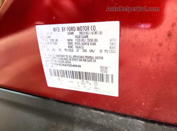 1FM5K8D82HGD46936 2017 FORD EXPLORER Red Widok wnętrza 360 stopni