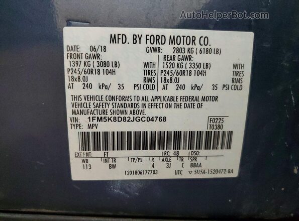 1FM5K8D82JGC04768 2018 FORD EXPLORER Blue VIN կոդի պիտակի տեսք