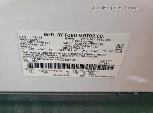1FM5K8D82JGC56742 2018 FORD EXPLORER Белый Вид наклейки с VIN-кодом