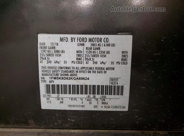 1FM5K8D82KGA89624 2019 FORD EXPLORER Gray VIN sticker view