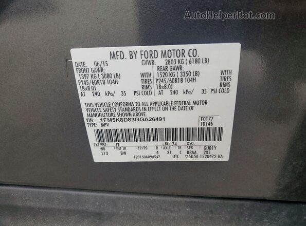 1FM5K8D83GGA26491 2016 FORD EXPLORER Gray Widok naklejki z numerem VIN