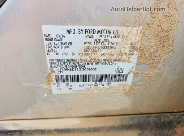 1FM5K8D83GGC38002 2016 FORD EXPLORER Silver Vista de la etiqueta del VIN
