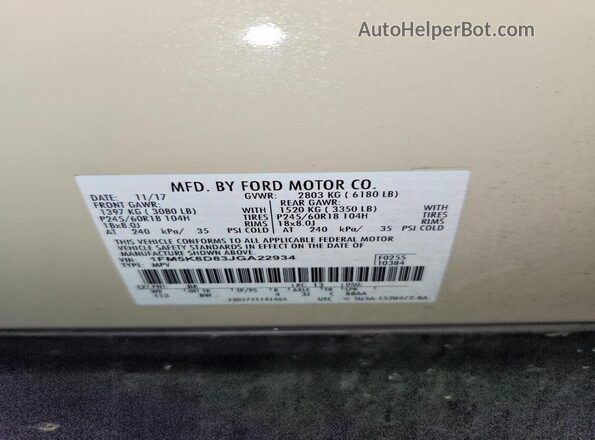 1FM5K8D83JGA22934 2018 FORD EXPLORER Beige Вид наклейки з VIN-кодом