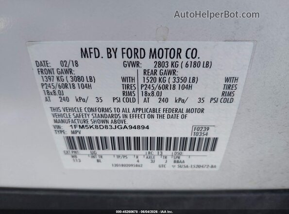1FM5K8D83JGA94894 2018 FORD EXPLORER White Շարժիչի բաժամունքի տեսք