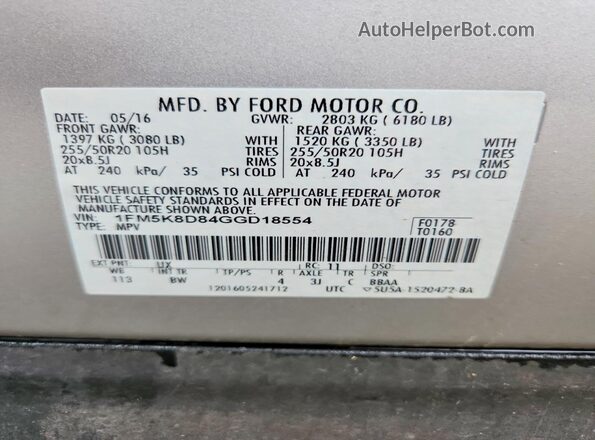 1FM5K8D84GGD18554 2016 FORD EXPLORER Silver VIN կոդի պիտակի տեսք