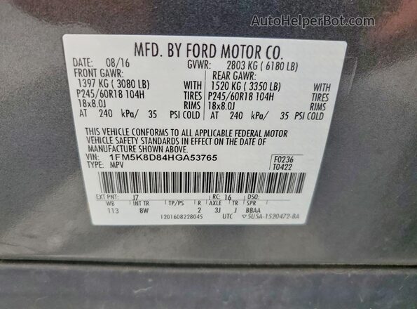 1FM5K8D84HGA53765 2017 FORD EXPLORER Gray Widok naklejki z numerem VIN