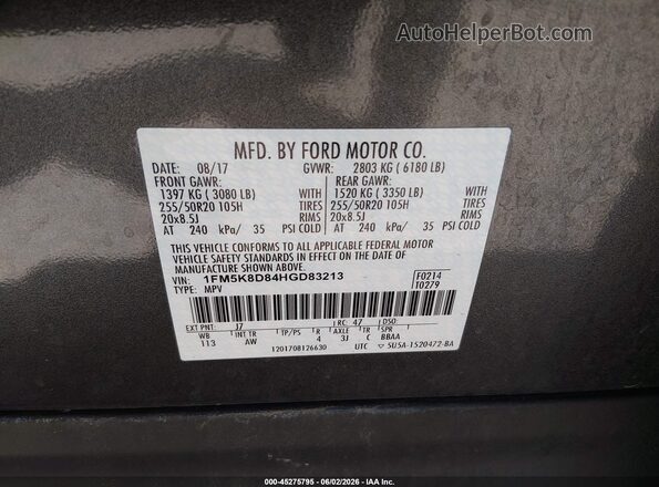 1FM5K8D84HGD83213 2017 FORD EXPLORER Gray Вид підкапотного простору