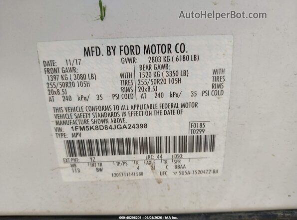 1FM5K8D84JGA24398 2018 FORD EXPLORER White Շարժիչի բաժամունքի տեսք