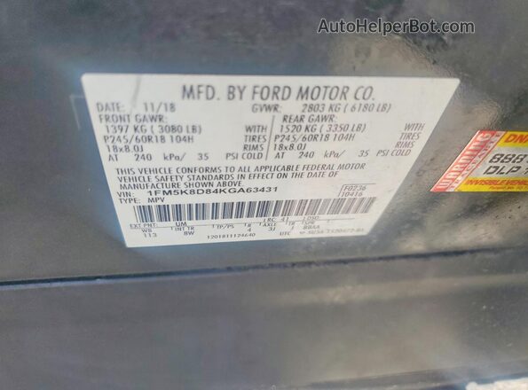1FM5K8D84KGA63431 2019 FORD EXPLORER Black Vista de la etiqueta del VIN