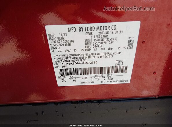 1FM5K8D84KGA72730 2019 FORD EXPLORER Красный Вид подкапотного пространства