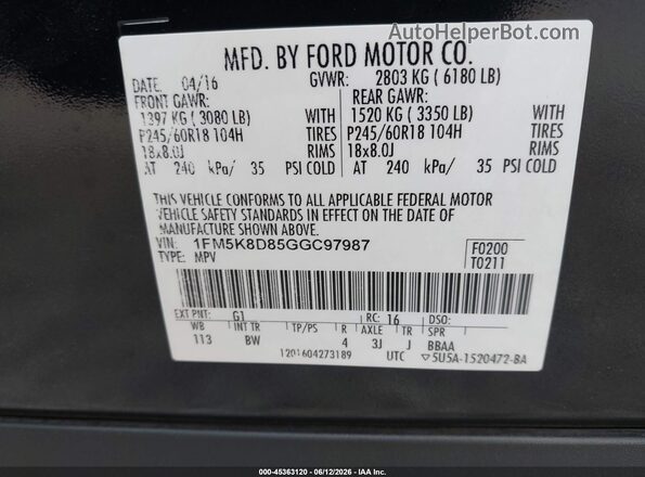 1FM5K8D85GGC97987 2016 FORD EXPLORER Black Вид підкапотного простору
