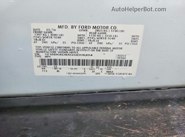 1FM5K8D85GGD06204 2016 FORD EXPLORER White VIN sticker view