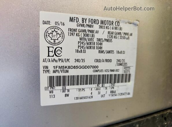 1FM5K8D85GGD07000 2016 FORD EXPLORER Silver VIN կոդի պիտակի տեսք