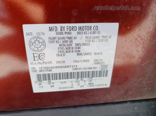 1FM5K8D85GGD07272 2016 FORD EXPLORER Burgundy 
