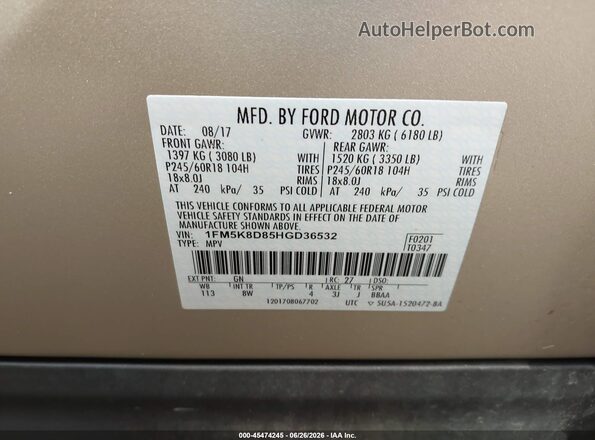 1FM5K8D85HGD36532 2017 FORD EXPLORER Gold Շարժիչի բաժամունքի տեսք