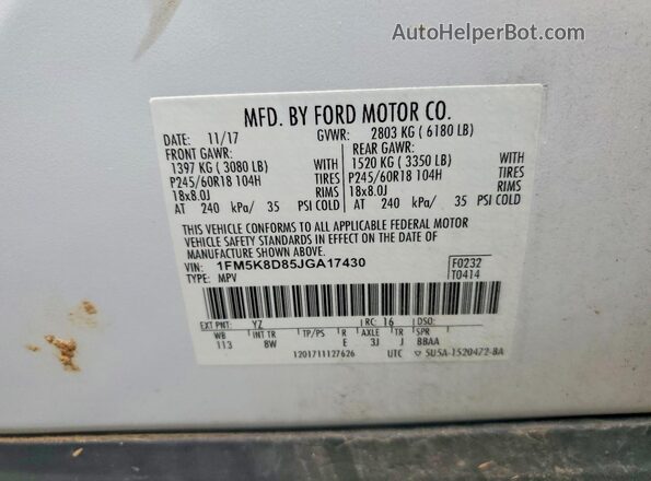 1FM5K8D85JGA17430 2018 FORD EXPLORER White Widok naklejki z numerem VIN