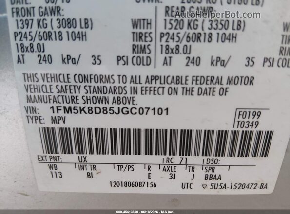 1FM5K8D85JGC07101 2018 FORD EXPLORER Silver Vista del compartimento del motor