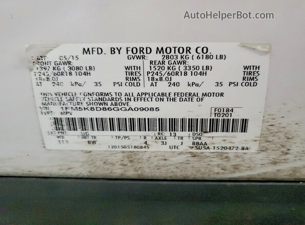 1FM5K8D86GGA09085 2016 FORD EXPLORER White 