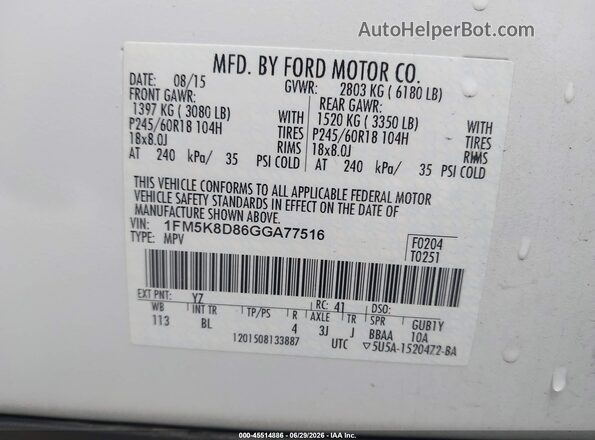 1FM5K8D86GGA77516 2016 FORD EXPLORER White Вид підкапотного простору