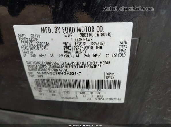1FM5K8D86HGA52147 2017 FORD EXPLORER Black Vista del compartimento del motor