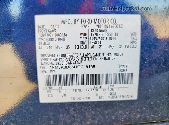 1FM5K8D86HGC19168 2017 FORD EXPLORER Blue 
