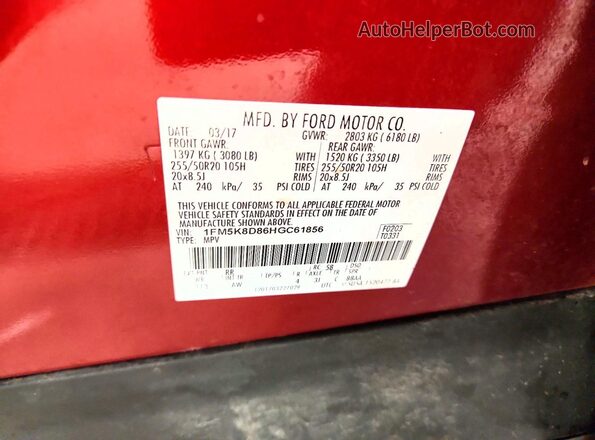 1FM5K8D86HGC61856 2017 FORD EXPLORER Красный Вид наклейки с VIN-кодом