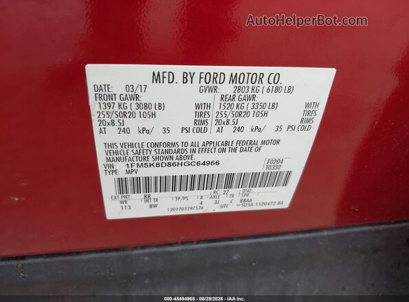 1FM5K8D86HGC64966 2017 FORD EXPLORER Red Widok komory silnika