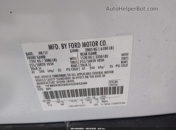 1FM5K8D86HGD95248 2017 FORD EXPLORER White Engine compartment view