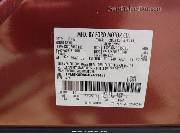 1FM5K8D86JGA11488 2018 FORD EXPLORER Maroon ძრავის განყოფილების ხედი