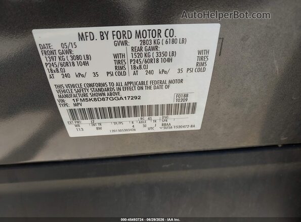 1FM5K8D87GGA17292 2016 FORD EXPLORER Gray Вид підкапотного простору