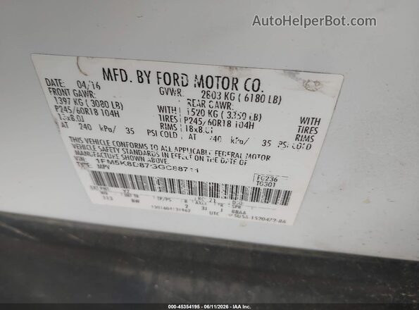 1FM5K8D87GGC88711 2016 FORD EXPLORER White Շարժիչի բաժամունքի տեսք