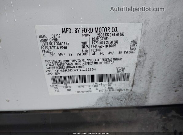 1FM5K8D87HGC22354 2017 FORD EXPLORER White Engine compartment view